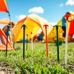 יתד אנקור עמיד שמאבטח אוהל חיצוני מואר ביום שמש.