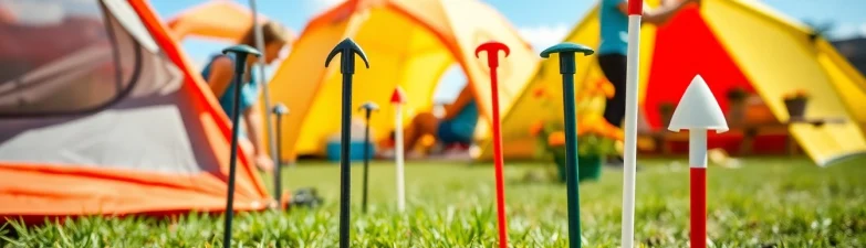 יתד אנקור עמיד שמאבטח אוהל חיצוני מואר ביום שמש.