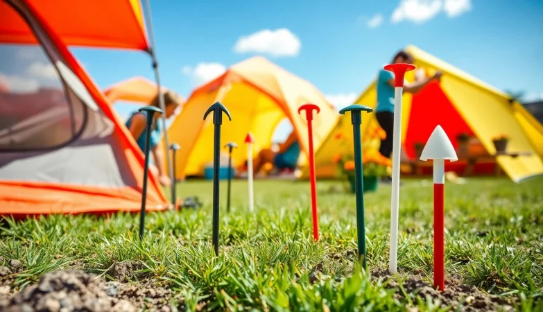 יתד אנקור עמיד שמאבטח אוהל חיצוני מואר ביום שמש.