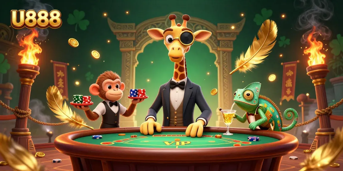 U888 gaming scene with a high-roller giraffe at a poker table, vibrant casino elements.