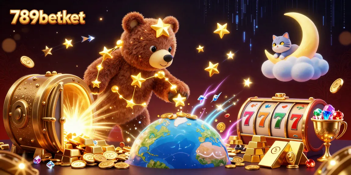 Experience the thrilling world of 789betket, where constellation bears scoop coins amidst slot reels and treasures.