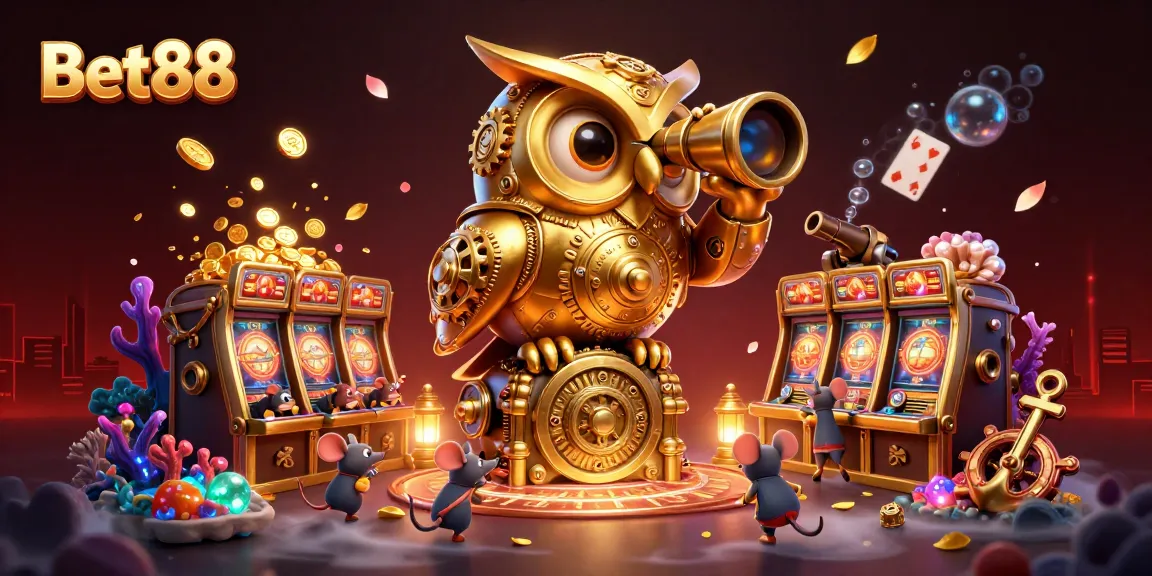 Engage with Bet88's thrilling casino adventures featuring owl characters amidst vibrant game elements.