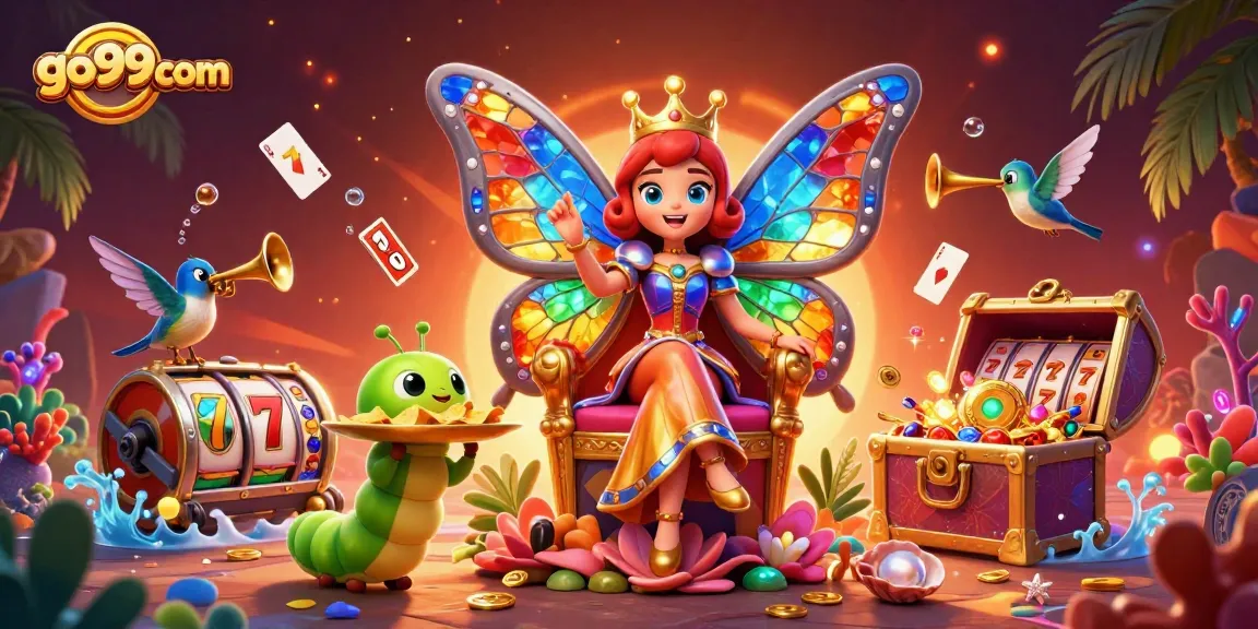 Experience exciting gameplay at go99com with vibrant cartoon illustrations of casino elements and characters.