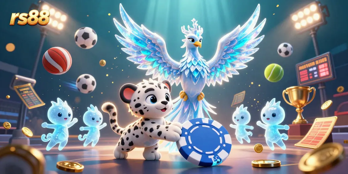 Engage with rs88 by witnessing an enchanting 3D illustration of an ice phoenix, snow leopard, and dancing sprites in a casino theme.