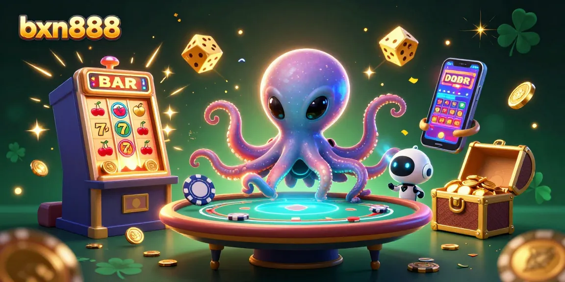 Experience thrilling gameplay with bxn888 as an octopus maneuvers a holographic poker table amid explosive jackpots.
